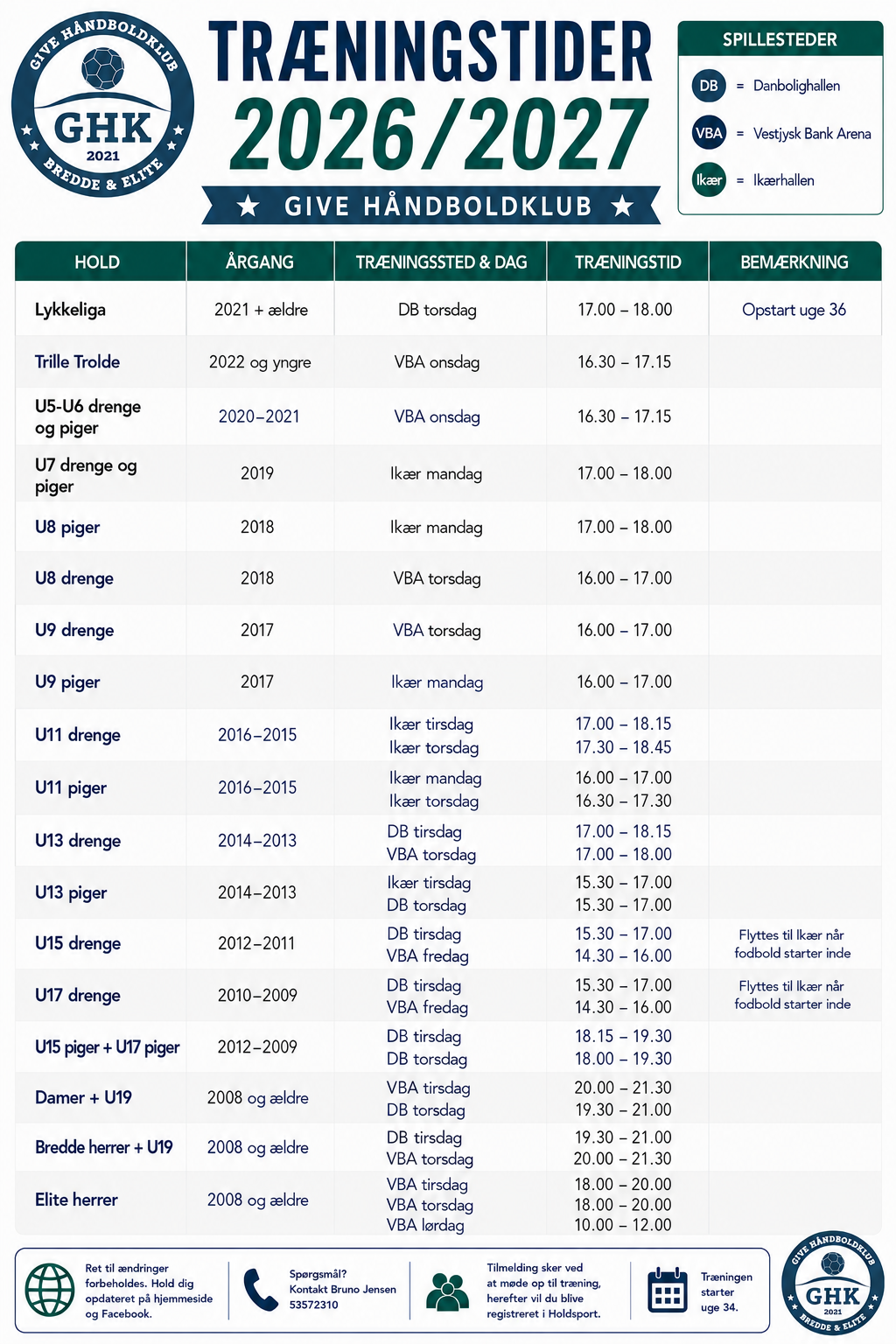 Træningstider 2026:2027
